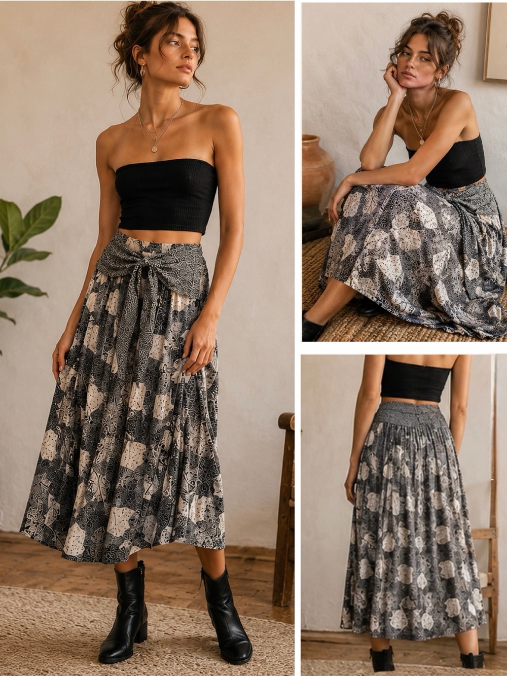 Vintage Componix Mixed Pattern Midi Skirt Boho Tie-Front A-Line Black White M
